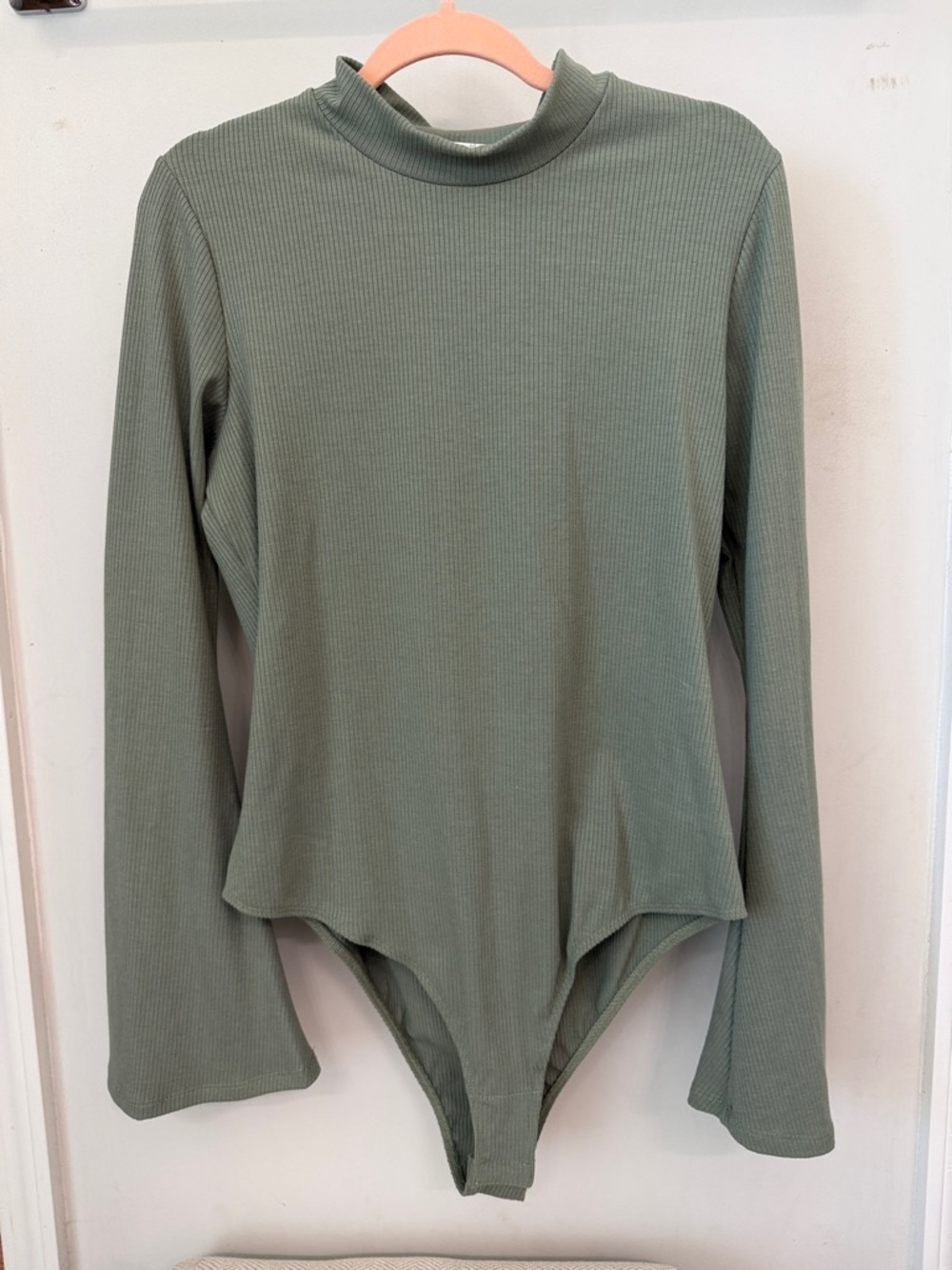 Ribbed Bell Sleeve Mock Neck Long Sleeve Bodysuit - Sage Green